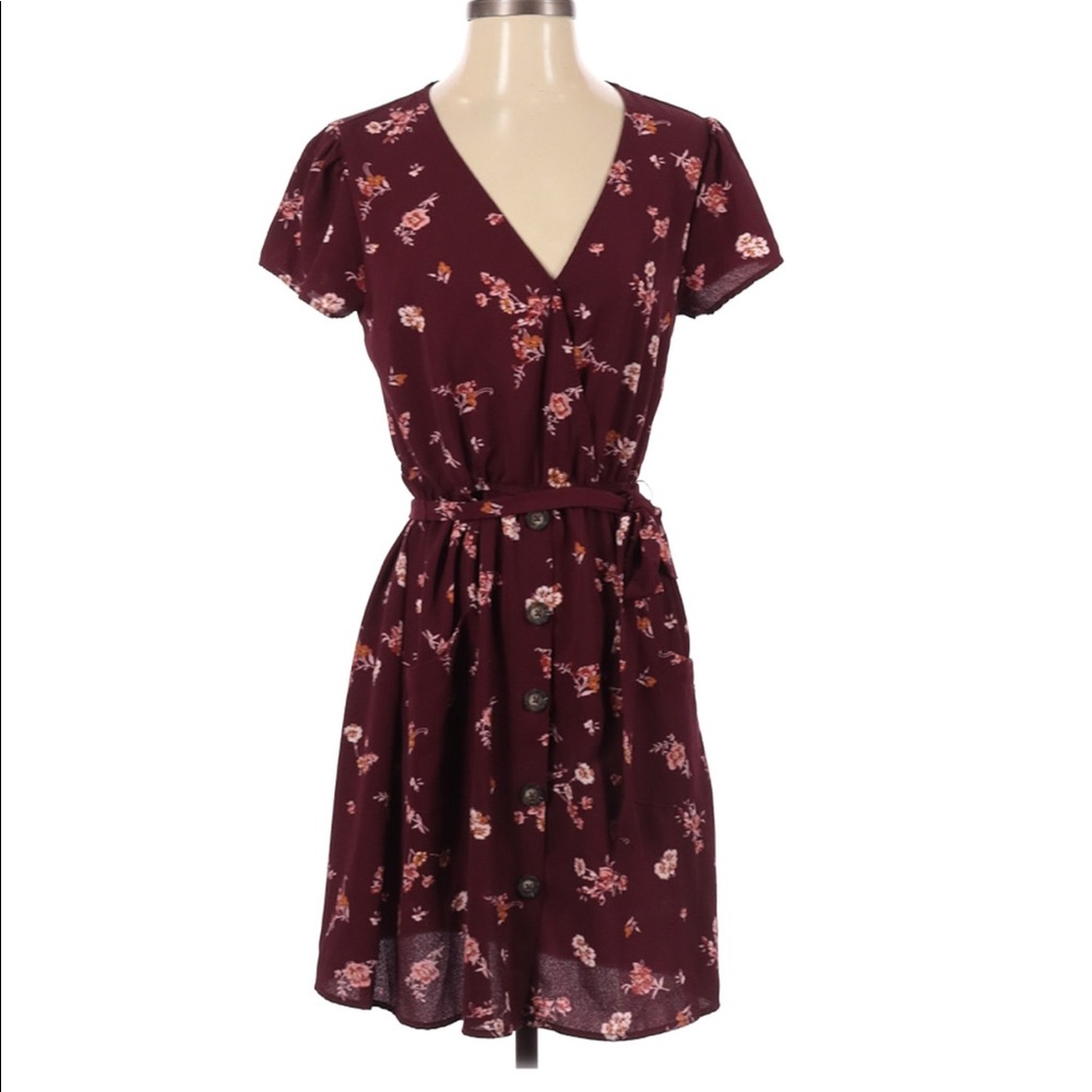 Xhilaration Maroon Floral Sun Dress w/ Waist Tie